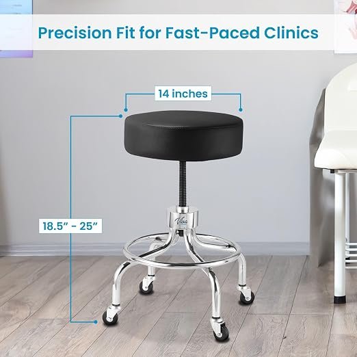 VivaComfort Black Medical Stool, Adjustable Height Rolling Doctor Stool, 300 lbs. Weight Capacity