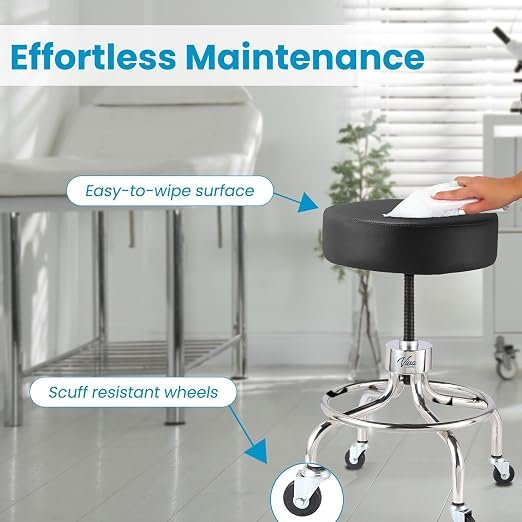 VivaComfort Black Medical Stool, Adjustable Height Rolling Doctor Stool, 300 lbs. Weight Capacity