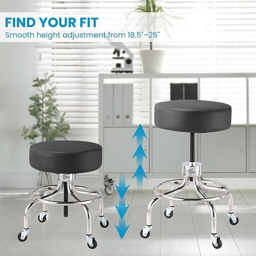 VivaComfort Black Medical Stool, Adjustable Height Rolling Doctor Stool, 300 lbs. Weight Capacity