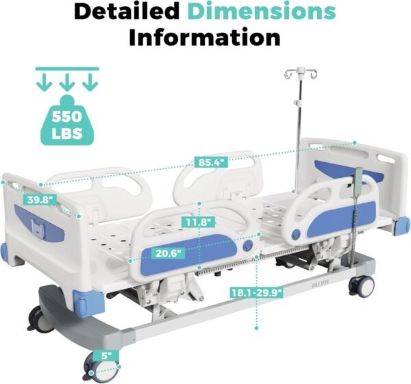 Advanced 5-Function Full Electric Hospital Bed,90% Pre-Installed,Adjustable Height ICU Medical Bed for Home Use with 4.7" Waterproof Mattress,5" Large Locking Casters,IV Pole,550LBS Loading