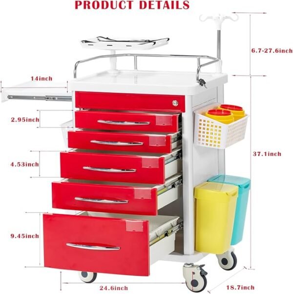 71f+wIUwngL._AC_SX679_ Medical Cart,Emergency Rolling Crash Cart with CPR Board,Adjustable IV Pole&O2 Holder,Silent Casters,Mobile Emergency Medical Cart with Drawer Dividers for Hospital Clinic Nursing Facilities (Red)