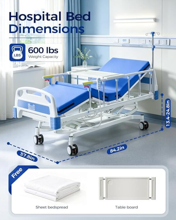 5 Function 600LBS Full Electric Hospital Bed, Beds for Home Use, Special Needs Medical Bed for Seniors with Mattress, Adjustable Hospital, Frame IV Pole, Medical Equipment Beds