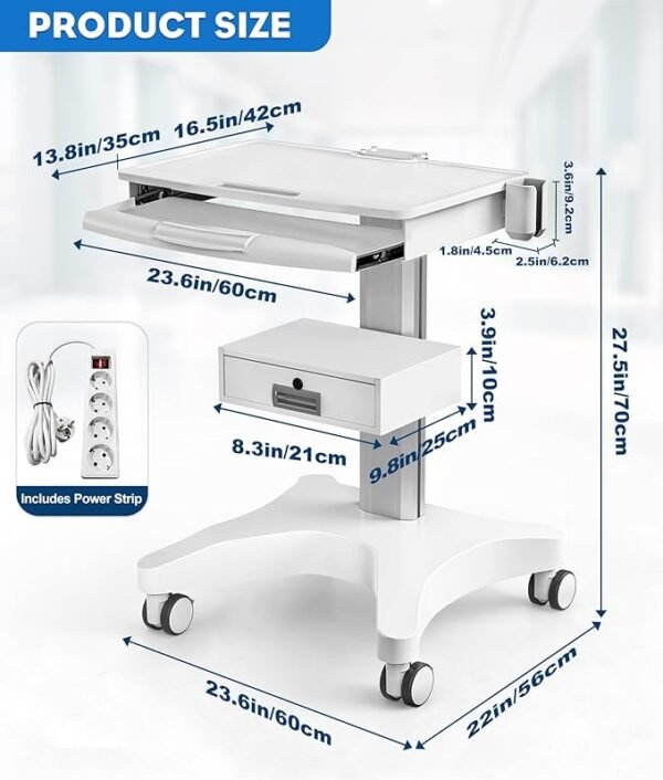 Medical Trolley Cart White with Laptop Tray & Oral Scanner Holder 220LBS, Mobile Rolling Workstation with Drawer & Lockable Wheels for Hospital Dental Clinic Beauty Salon Lab (White, with 1 Drawer)