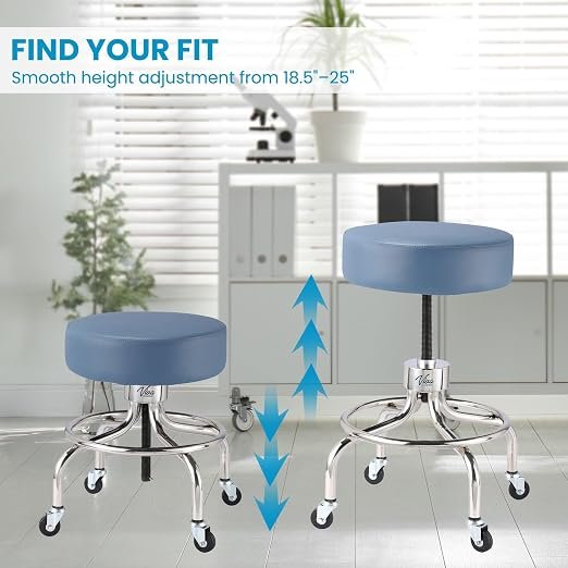 VivaComfort Black Medical Stool, Adjustable Height Rolling Doctor Stool, 300 lbs. Weight Capacity