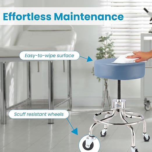 VivaComfort Black Medical Stool, Adjustable Height Rolling Doctor Stool, 300 lbs. Weight Capacity