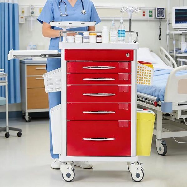 71odtg78FFL._AC_SX679_ Medical Cart,Emergency Rolling Crash Cart with CPR Board,Adjustable IV Pole&O2 Holder,Silent Casters,Mobile Emergency Medical Cart with Drawer Dividers for Hospital Clinic Nursing Facilities (Red)