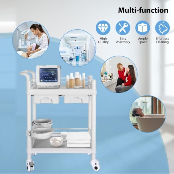 Mobile Medical Cart, 2 Tier Trolley 120 Lbs, with 2 Drawers Carts, Beauty Salon Rolling Trolley with Dirt Buckets, 360° Rotate Wheels, Heavy Duty Medical Utility Cart for Hospital Dental Clinic
