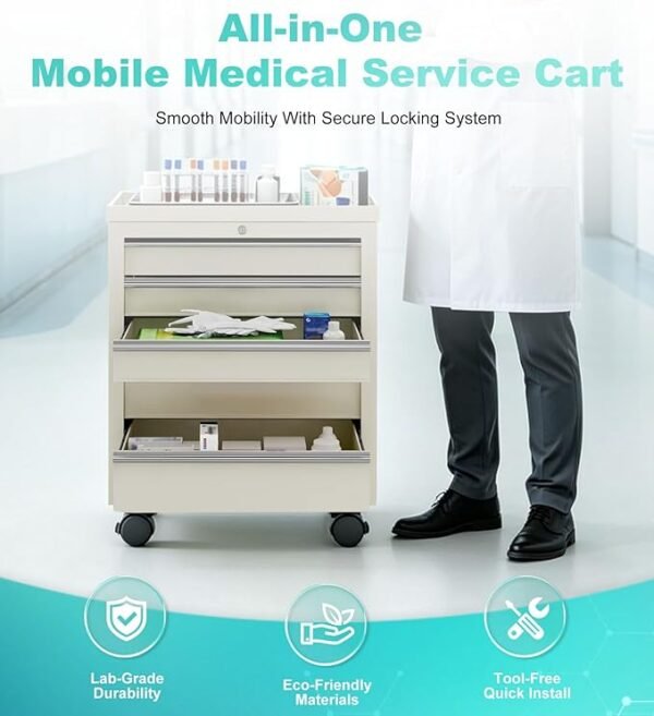 Medical Cart with 5 Drawers and Lock, Rolling Medical Bedside Cabinet on Wheels, Steel Medication Cart 13" D x 24.5" W x 29" H for Hospital Clinic Office School Infirmary, Beige