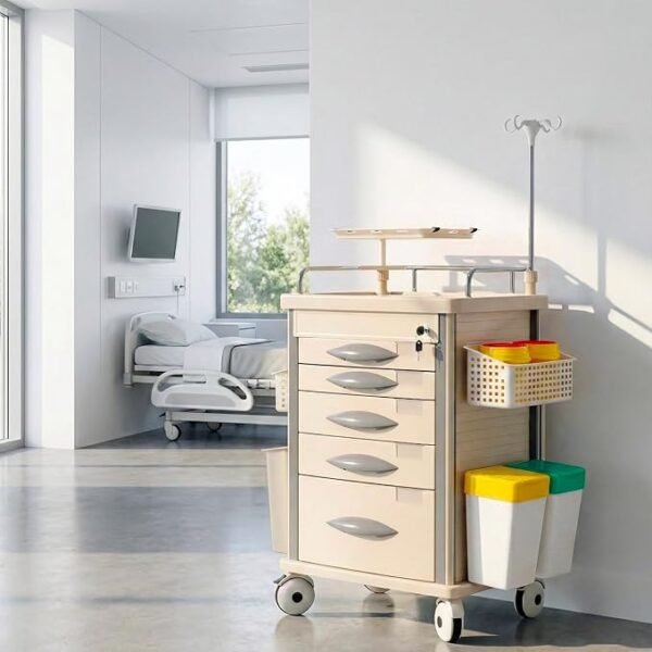 Medical Rolling Storage Crash Cart with Wheels, 5-Tier Medical Cart with Drawers, Adjustable IV Pole, Trash Bin & O2 Holder, Needle Disposal Holder, Silent Casters, Ideal for Hospitals (Grey)