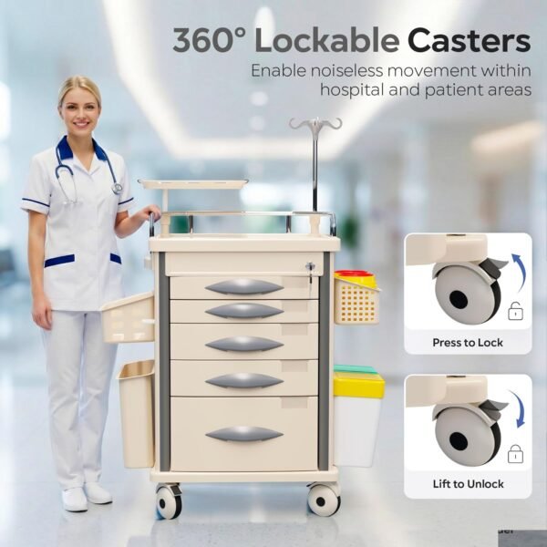 Medical Rolling Storage Crash Cart with Wheels, 5-Tier Medical Cart with Drawers, Adjustable IV Pole, Trash Bin & O2 Holder, Needle Disposal Holder, Silent Casters, Ideal for Hospitals (Grey)