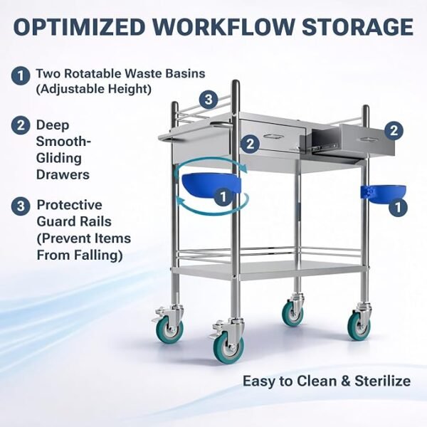 *Improved & Upgraded* Medical Stainless Steel 2 Tier Rolling Cart with Wheels and Drawers | Dental Hospital Nursing Trolley | Easy-to-Disinfect Phlebotomy Mobile Workstation