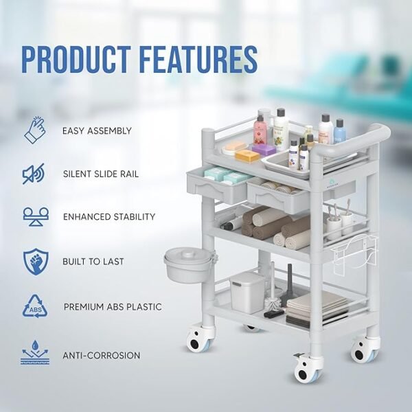 3 Tier ABS Medical Cart Stunning Grey | Rolling Esthetician 330lb Capacity Trolley with Lockable Casters | Supply Mobile Station for Clinics, Labs, Dental & Beauty Spas