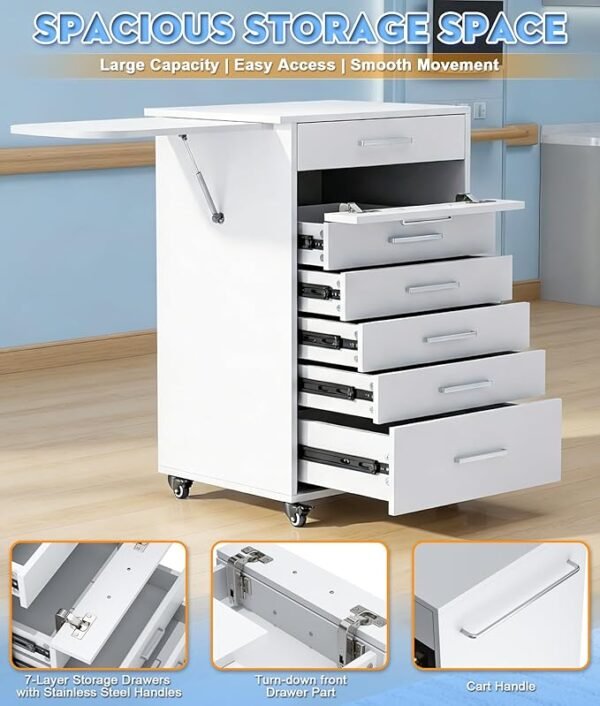 Professional Medical Cart with 150 lbs Capacity – Adjustable Height Rolling Trolley for Hospital, Dental Clinic, Beauty Salon – 360° Silent Lockable Wheels (with 7 Drawers/White)