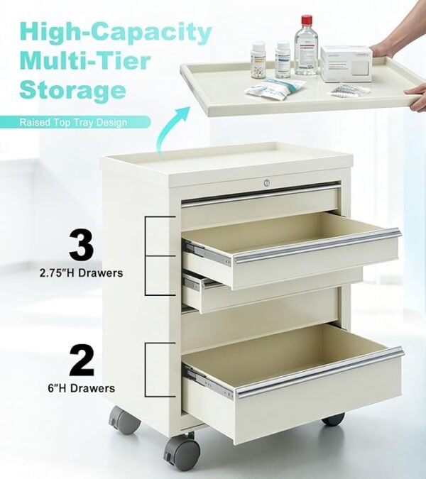 Medical Cart with 5 Drawers and Lock, Rolling Medical Bedside Cabinet on Wheels, Steel Medication Cart 13" D x 24.5" W x 29" H for Hospital Clinic Office School Infirmary, Beige