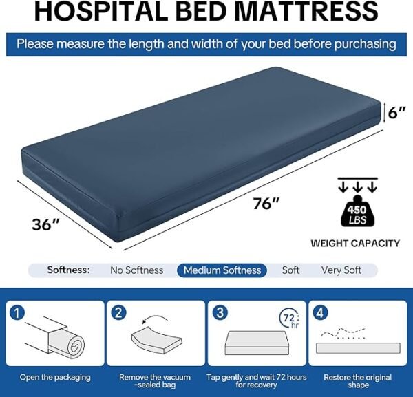 HOMBYS FDA Registered 5-Zone Memory Foam Hospital Bed Mattress, 76"x36"x6" Pressure Relief for Home & Clinical Use, Waterproof & Machine-Washable Cover, Supports 500 lbs for Bariatric & Elderly Care
