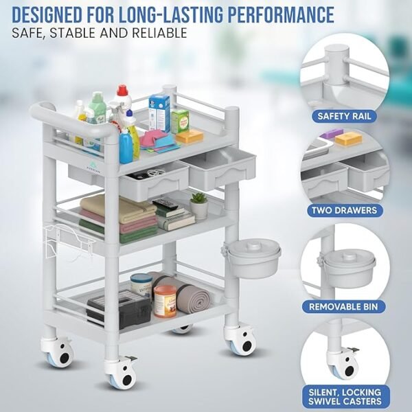 3 Tier ABS Medical Cart Stunning Grey | Rolling Esthetician 330lb Capacity Trolley with Lockable Casters | Supply Mobile Station for Clinics, Labs, Dental & Beauty Spas