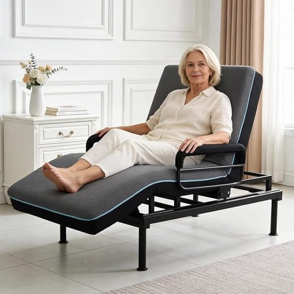 Adjustable Hospital Bed for Seniors Elderly with Mattress, Electric Lift Bed with Remote, Fall-Safe Frame&Meal Tray,Head&Foot Incline,Adjustable Bed Base for Safe Lying/Standing/Aid/Sitting,Twin