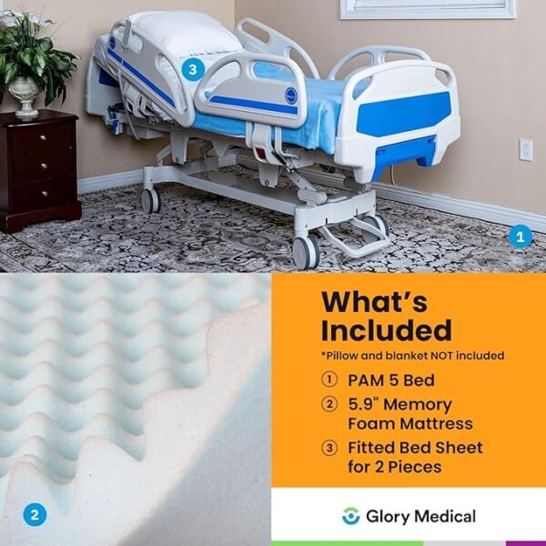 Point A PAM‑5 Enhanced Full Electric ICU Hospital Bed for Home or Facility Use, 5.9" USA‑Made Memory Mattress, LINAK Motor, Central Locking, 6" Casters, Includes 2 Bed Sheets and Battery Backup