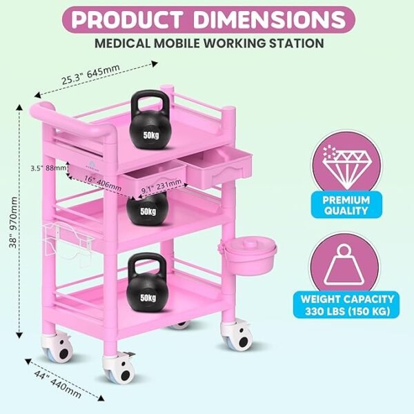 3 Tier ABS Medical Cart Stunning Grey | Rolling Esthetician 330lb Capacity Trolley with Lockable Casters | Supply Mobile Station for Clinics, Labs, Dental & Beauty Spas