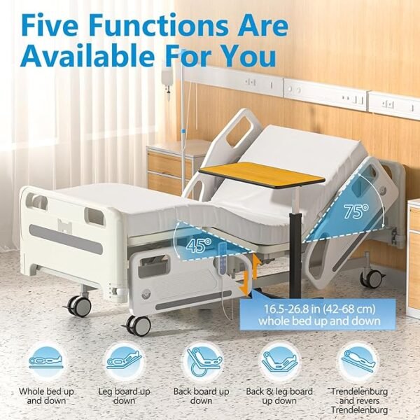 Premium Hospital Bed - 5 Function Full Electric Medical Beds, 4.7" Foam Mattress, JIECANG Motors, Individual Locking, 5" Casters, IV Pole, Includes (2X) Bed Sheet