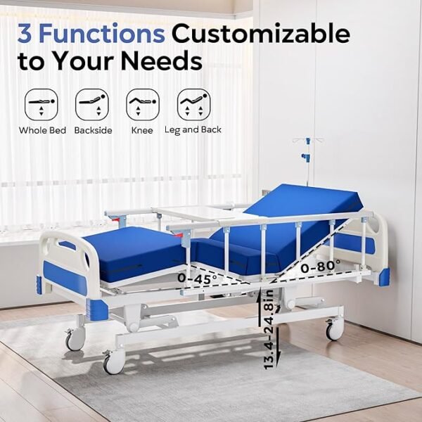 Premium Full Electric Hospital Bed for Home Use, 5 Function Medical Bed with 4.7” Foam Mattress, Height Adjustable, Central Locking System, Includes Sheets (2X) (5 Function)