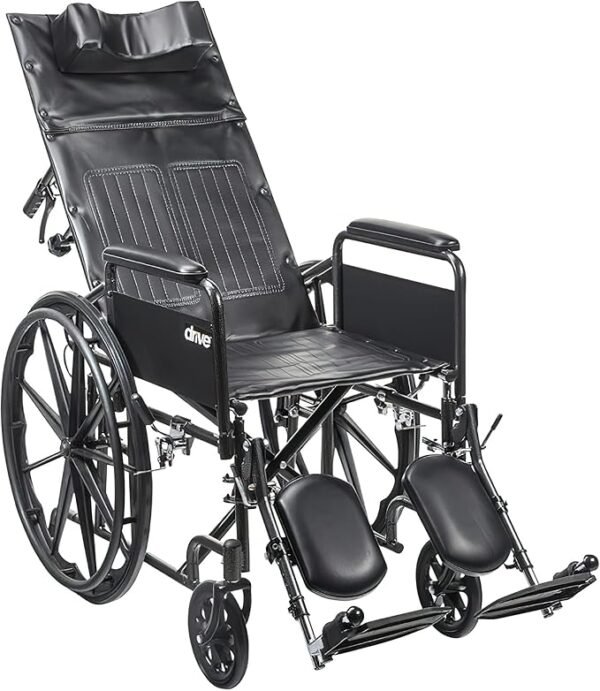 Drive Medical SSP16RBDFAV Silver Sport Recliner, Vinyl Upholstery, 16" Wide Seat, Hydraulic Reclining Mechanism, Carbon Steel Frame, Composite Mag-Style Wheels, 8" Front Casters, Padded Armrests