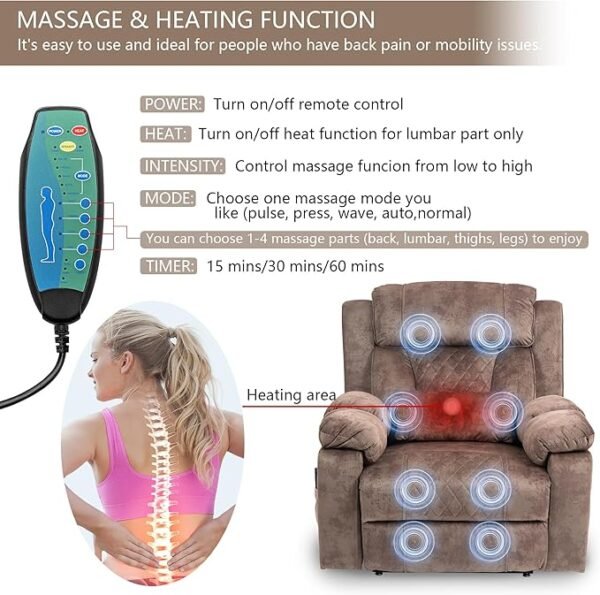 FUNECORP Big Man Power Lay Flat Lift Chair Oversized Recliner Dual Motor Heat Vibration for Elderly, Overstuffed Electric Extra Wide Recliners with Flip Arm Storage Cup Holders,USB Type C Charging