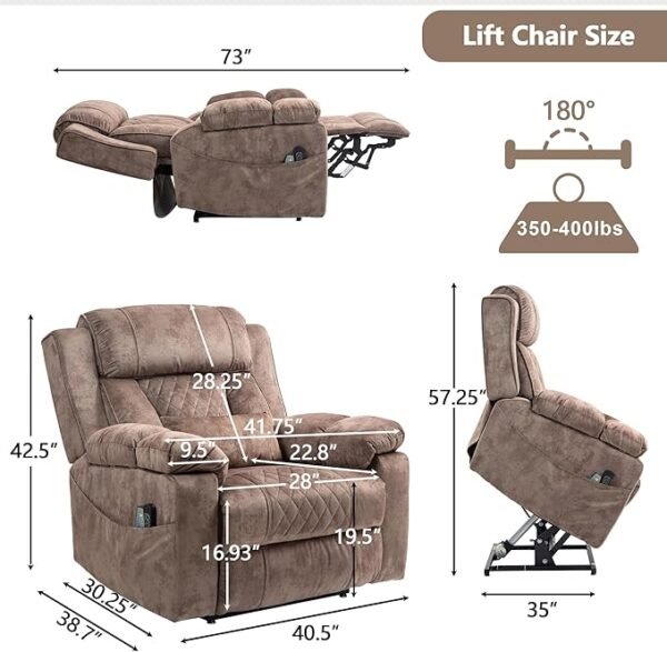 FUNECORP Big Man Power Lay Flat Lift Chair Oversized Recliner Dual Motor Heat Vibration for Elderly, Overstuffed Electric Extra Wide Recliners with Flip Arm Storage Cup Holders,USB Type C Charging