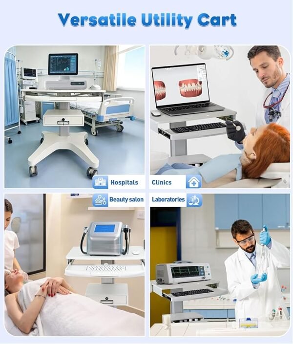 Medical Trolley Cart White with Laptop Tray & Oral Scanner Holder 220LBS, Mobile Rolling Workstation with Drawer & Lockable Wheels for Hospital Dental Clinic Beauty Salon Lab (White, with 1 Drawer)