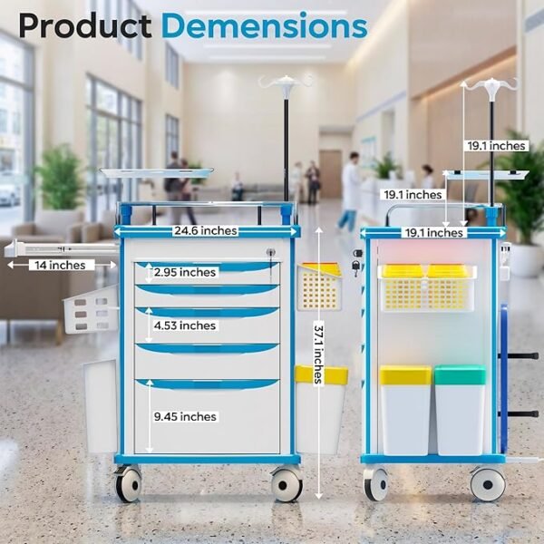 Medical Rolling Storage Crash Cart with Wheels, 5-Tier Medical Cart with Drawers, Adjustable IV Pole, Trash Bin & O2 Holder, Needle Disposal Holder, Silent Casters, Ideal for Hospitals (Grey)