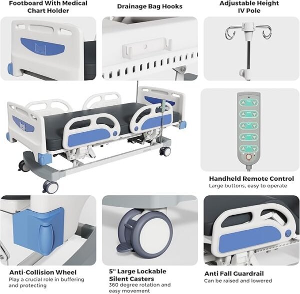 Advanced 5-Function Full Electric Hospital Bed,90% Pre-Installed,Adjustable Height ICU Medical Bed for Home Use with 4.7" Waterproof Mattress,5" Large Locking Casters,IV Pole,550LBS Loading