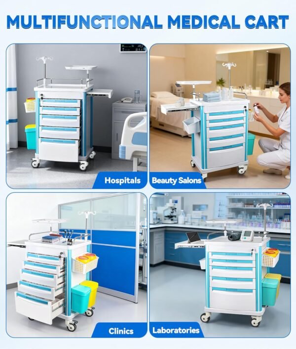Medical Rolling Storage Crash Cart with Wheels & Drawers, Hospital Mobile Ultrasound cart with 5 Drawers & Power Strip,IV Pole,Needle Disposal,O2 Holder,Nursing Emergency Cart for Hospital, Clinic