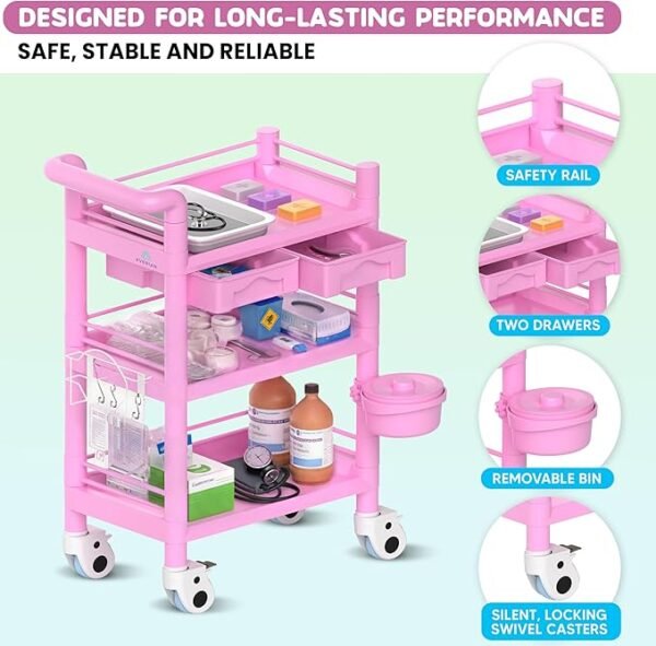3 Tier ABS Medical Cart Stunning Grey | Rolling Esthetician 330lb Capacity Trolley with Lockable Casters | Supply Mobile Station for Clinics, Labs, Dental & Beauty Spas