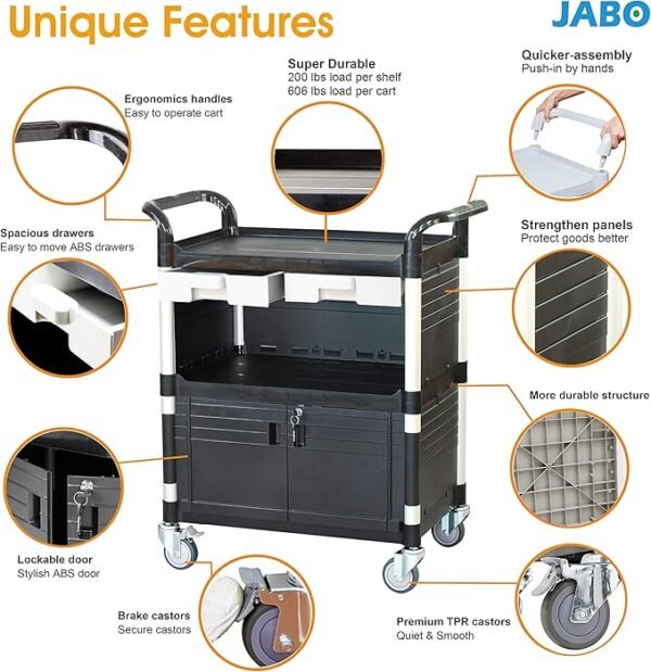 JaboEquip Commercial Heavy Duty Cabinet Rolling Medical Cart, Utility Cart, with 2 Lockable Doors Hospitality School Lab cart Service Cart, JB-3D2, Black Color