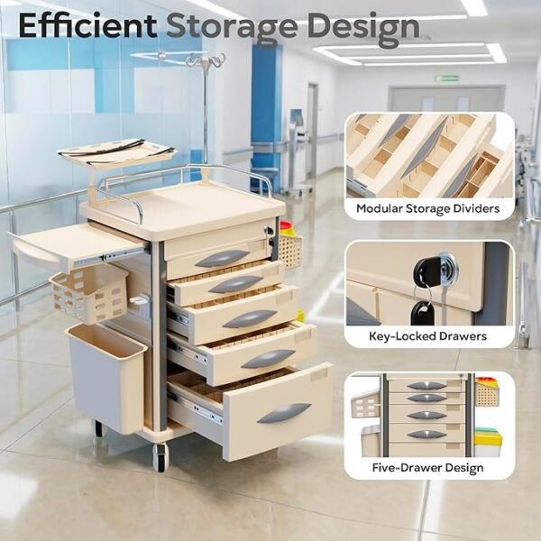 Medical Rolling Storage Crash Cart with Wheels, 5-Tier Medical Cart with Drawers, Adjustable IV Pole, Trash Bin & O2 Holder, Needle Disposal Holder, Silent Casters, Ideal for Hospitals (Grey)