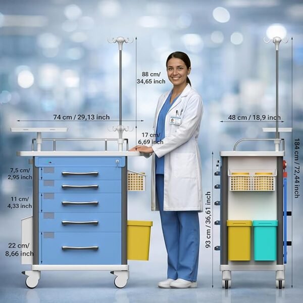 81LpHxOLK-L._AC_SX679_ Medical Crash Cart | Emergency Rolling Trolley with 5 Locking Drawers | Hospital Procedure & Lab Utility Cart w/IV Pole, CPR Board, Defib Shelf & Power Strip | Mobile Workstation for Dental & Clinic