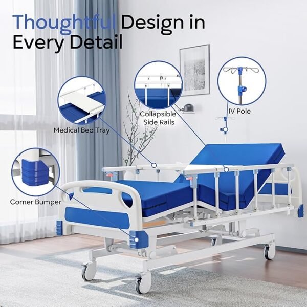 Premium Full Electric Hospital Bed for Home Use, 5 Function Medical Bed with 4.7” Foam Mattress, Height Adjustable, Central Locking System, Includes Sheets (2X) (5 Function)