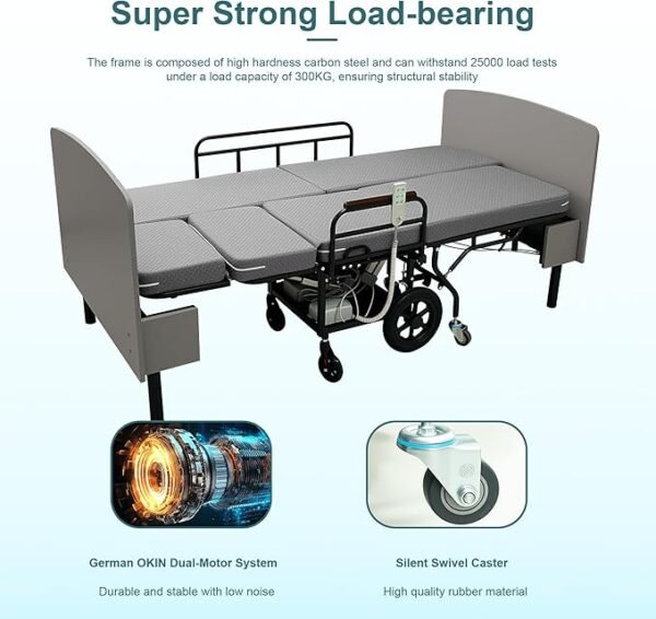 Adjustable Hospital Bed for Seniors Elderly with Mattress, Electric Lift Bed with Remote, Fall-Safe Frame&Meal Tray,Head&Foot Incline,Adjustable Bed Base for Safe Lying/Standing/Aid/Sitting,Twin