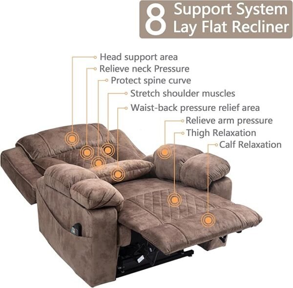 FUNECORP Big Man Power Lay Flat Lift Chair Oversized Recliner Dual Motor Heat Vibration for Elderly, Overstuffed Electric Extra Wide Recliners with Flip Arm Storage Cup Holders,USB Type C Charging