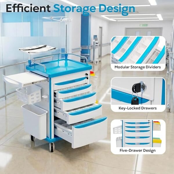Medical Rolling Storage Crash Cart with Wheels, 5-Tier Medical Cart with Drawers, Adjustable IV Pole, Trash Bin & O2 Holder, Needle Disposal Holder, Silent Casters, Ideal for Hospitals (Grey)
