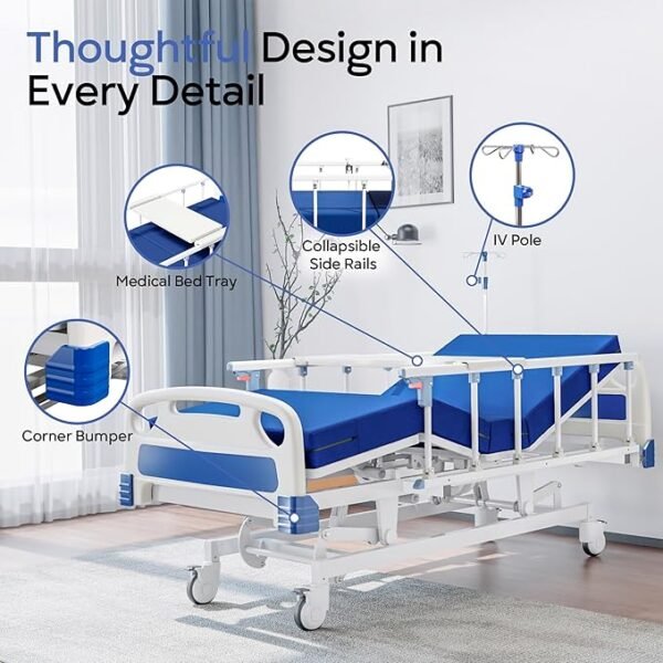 Premium Full Electric Hospital Bed for Home Use, 5 Function Medical Bed with 4.7” Foam Mattress, Height Adjustable, Central Locking System, Includes Sheets (2X) (5 Function)