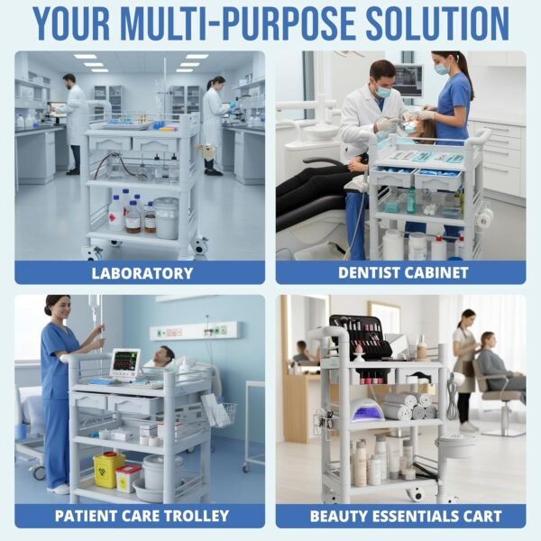 3 Tier ABS Medical Cart Stunning Grey | Rolling Esthetician 330lb Capacity Trolley with Lockable Casters | Supply Mobile Station for Clinics, Labs, Dental & Beauty Spas