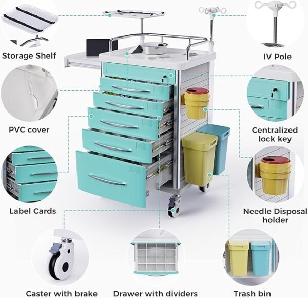 Rolling Crash Cart Medical with Drawers - Adjustable IV Pole, Silent Casters, Needle Disposal Holder, Trash Bin, O2 Holder, Utility Trolley Cart for Clinic, Hospital, Salon, Lab