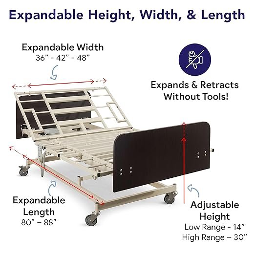 Ultra Wide Adjustable Hospital Bed with 48" Foam Mattress - 14"-30" Height Range, 36”-42”-48” Width Range, 80”-88” Length Range - Full Electric Bariatric Medical Bed, 8 Function Hand Pendant -Cherry
