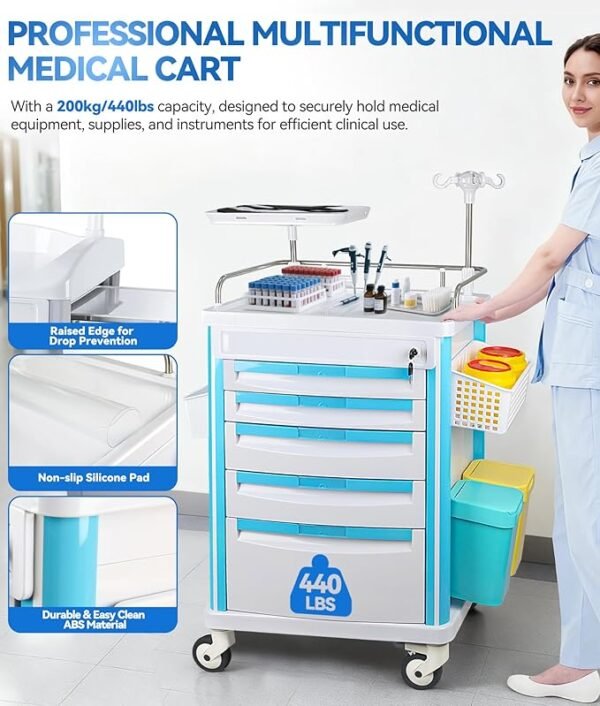 Medical Rolling Storage Crash Cart with Wheels & Drawers, Hospital Mobile Ultrasound cart with 5 Drawers & Power Strip,IV Pole,Needle Disposal,O2 Holder,Nursing Emergency Cart for Hospital, Clinic
