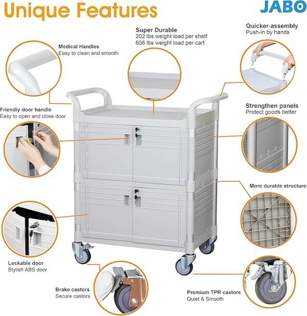 JaboEquip Commercial Heavy Duty Cabinet Rolling Medical Cart, Utility Cart, with 2 Lockable Doors Hospitality School Lab cart Service Cart, JB-3D2, Black Color
