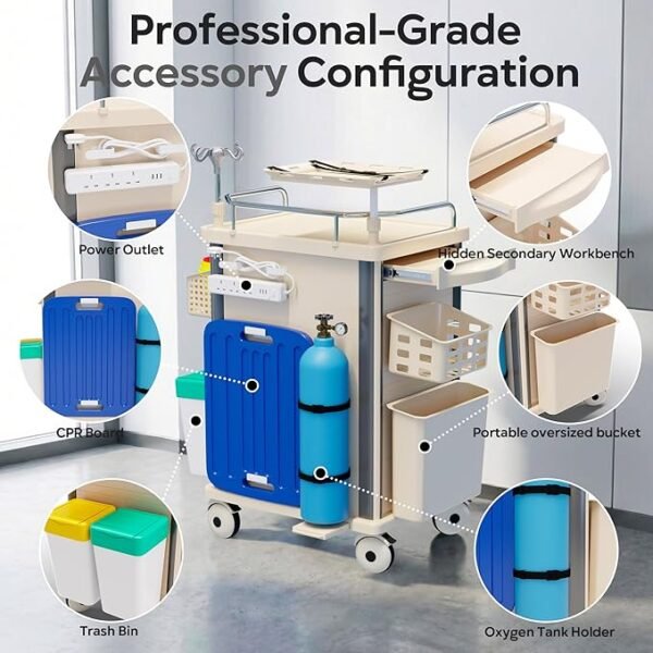 Medical Rolling Storage Crash Cart with Wheels, 5-Tier Medical Cart with Drawers, Adjustable IV Pole, Trash Bin & O2 Holder, Needle Disposal Holder, Silent Casters, Ideal for Hospitals (Grey)