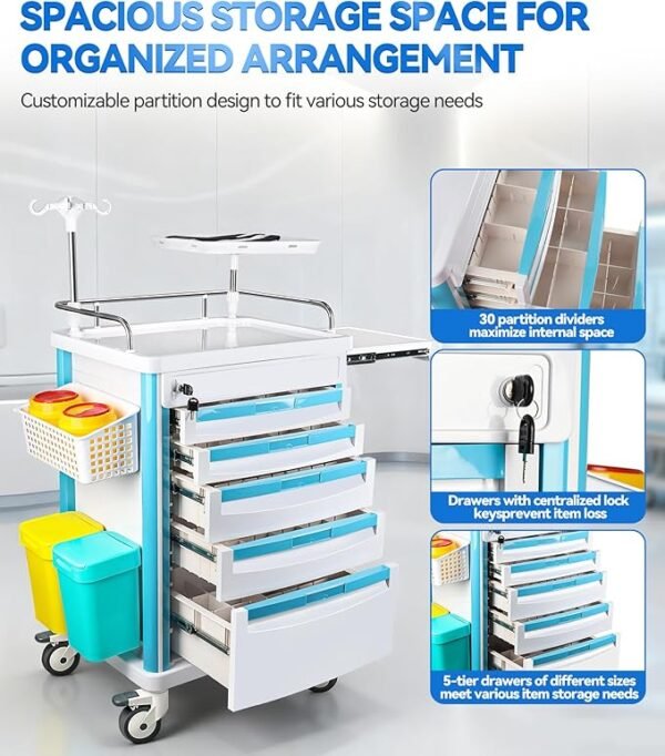 Medical Rolling Storage Crash Cart with Wheels & Drawers, Hospital Mobile Ultrasound cart with 5 Drawers & Power Strip,IV Pole,Needle Disposal,O2 Holder,Nursing Emergency Cart for Hospital, Clinic