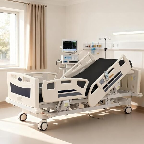 Premium 5 Function Full Electric ICU Hospital Bed with 4.7" Mattress for Home Use-17.7" - 29.5" Height Range-CPR One-Click Recovery-5" Casters, 550LBS Loading, Adjustable Medical Bed Frame-Navy