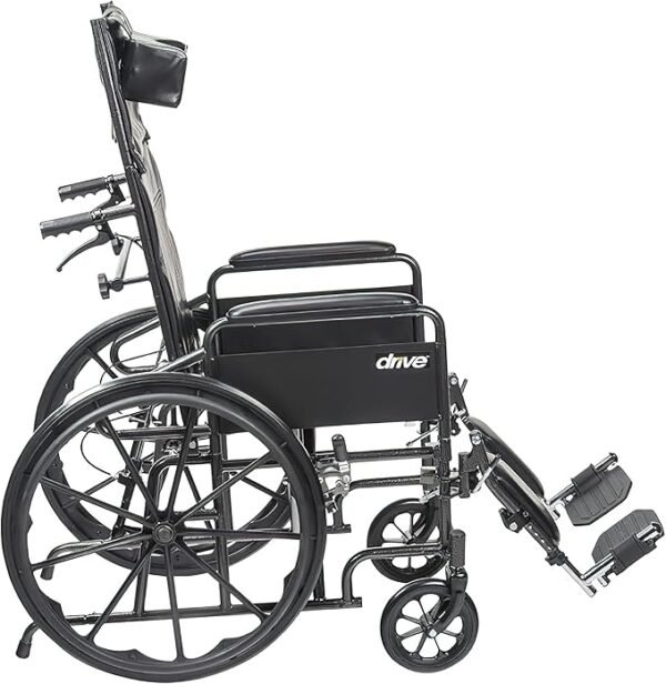 Drive Medical SSP16RBDFAV Silver Sport Recliner, Vinyl Upholstery, 16" Wide Seat, Hydraulic Reclining Mechanism, Carbon Steel Frame, Composite Mag-Style Wheels, 8" Front Casters, Padded Armrests
